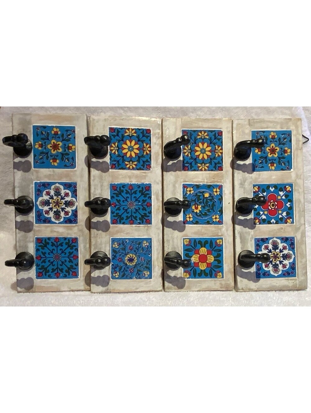 Colorful Three Tile Three Hook 8”L x 3.25”W Wooden Plaques Set of Four